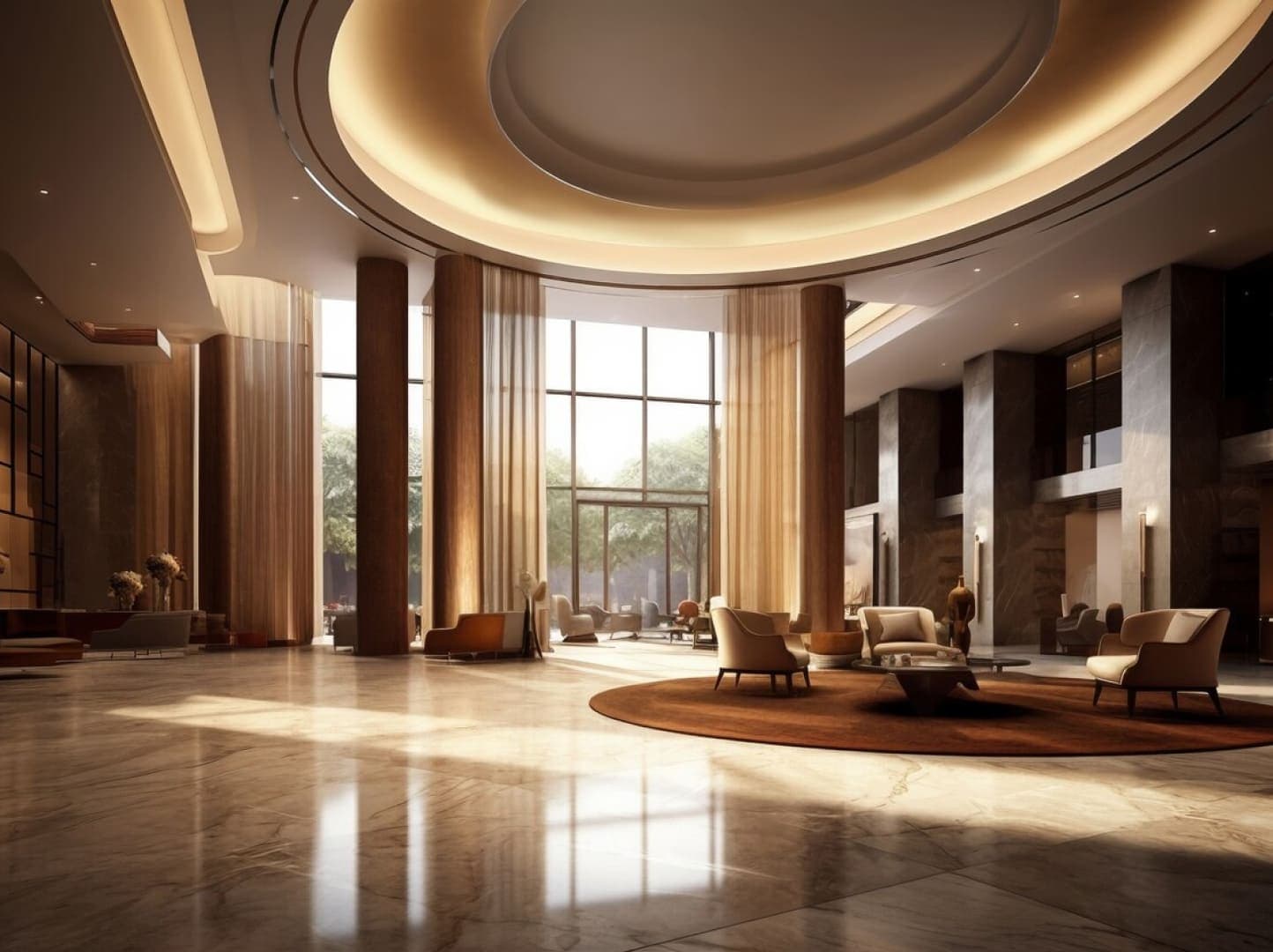 A spacious and luxurious hotel lobby with high ceilings