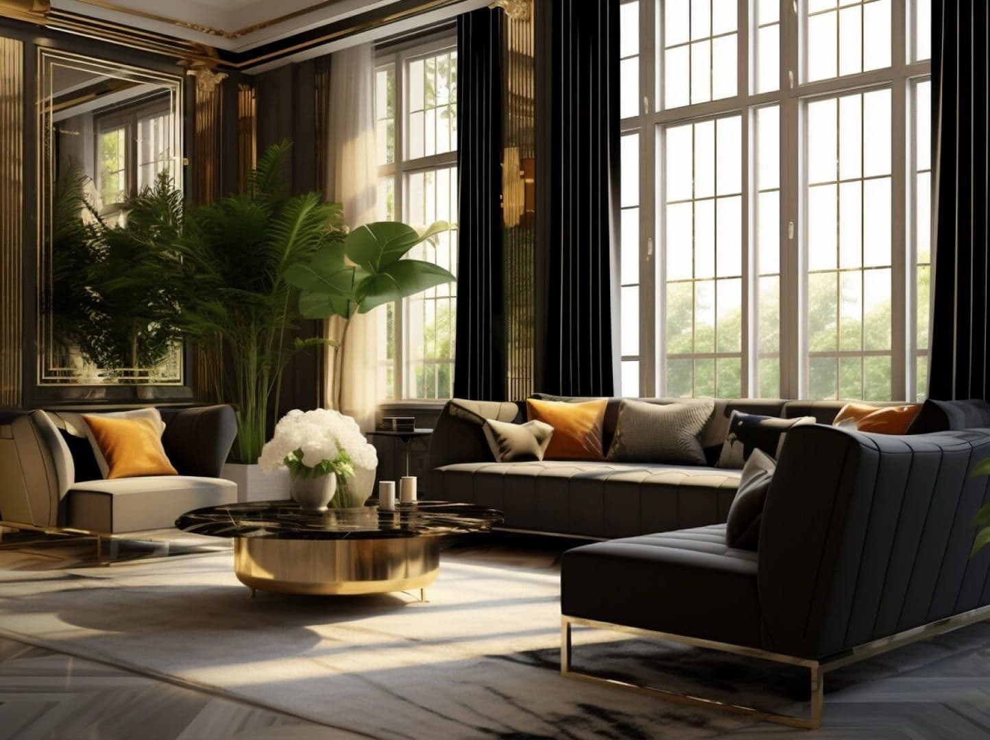 Luxurious living room with black sofa and gold accents
